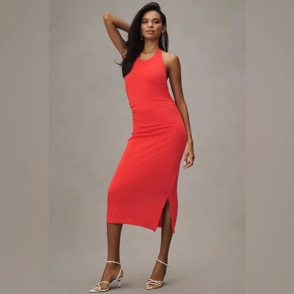 NWT By Anthropologie Slinky Knit Halter Midi Dress Sz XL Bright Red #8F510